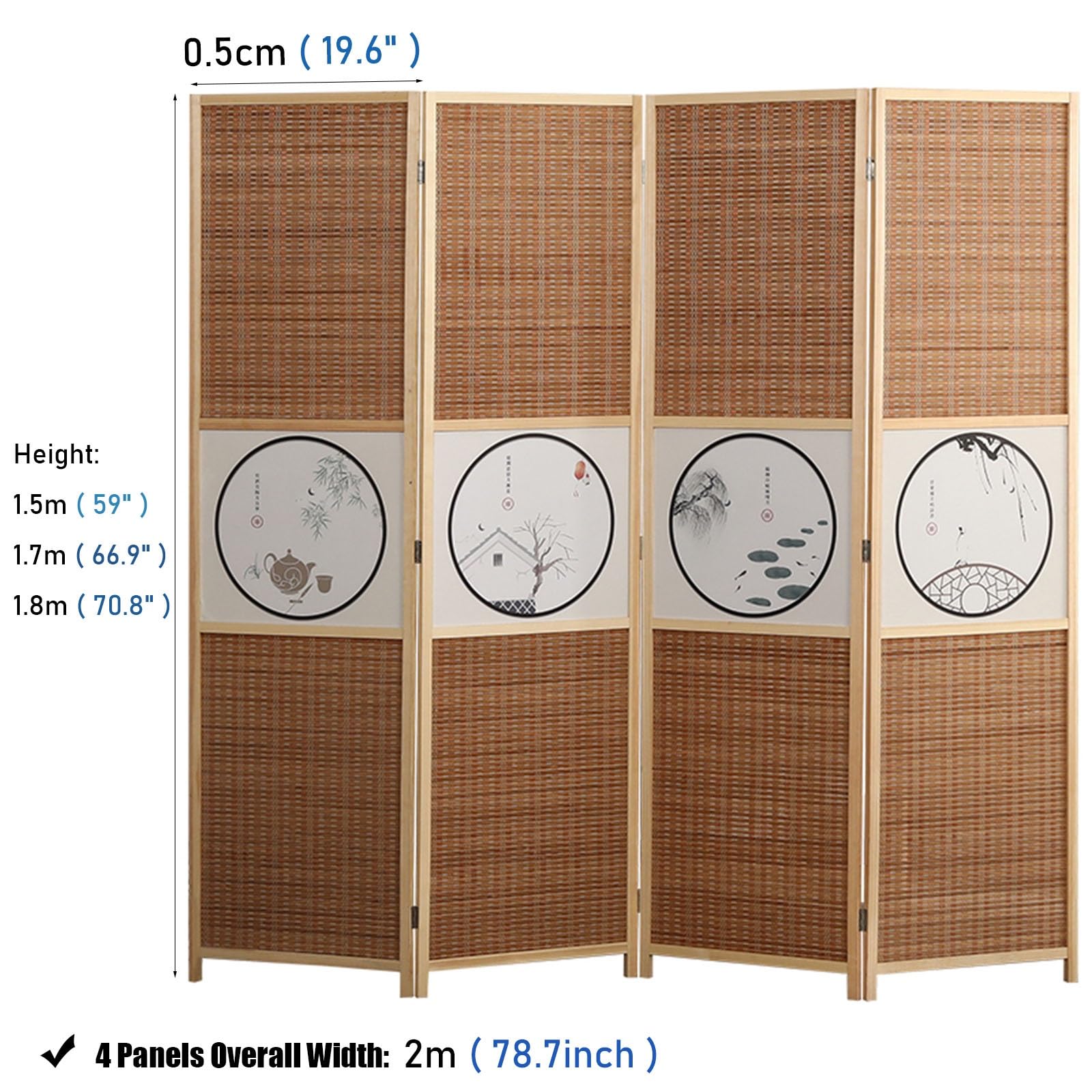 Paravent Cloison de Séparation 4 Panneau Paravent Avec Le Modèle Chinois, Mur Temporaire Autoportant Séparateur Pliant Écran De Confidentialité Avec Pieds De Support En Bois, Décoration Intérieure ( C