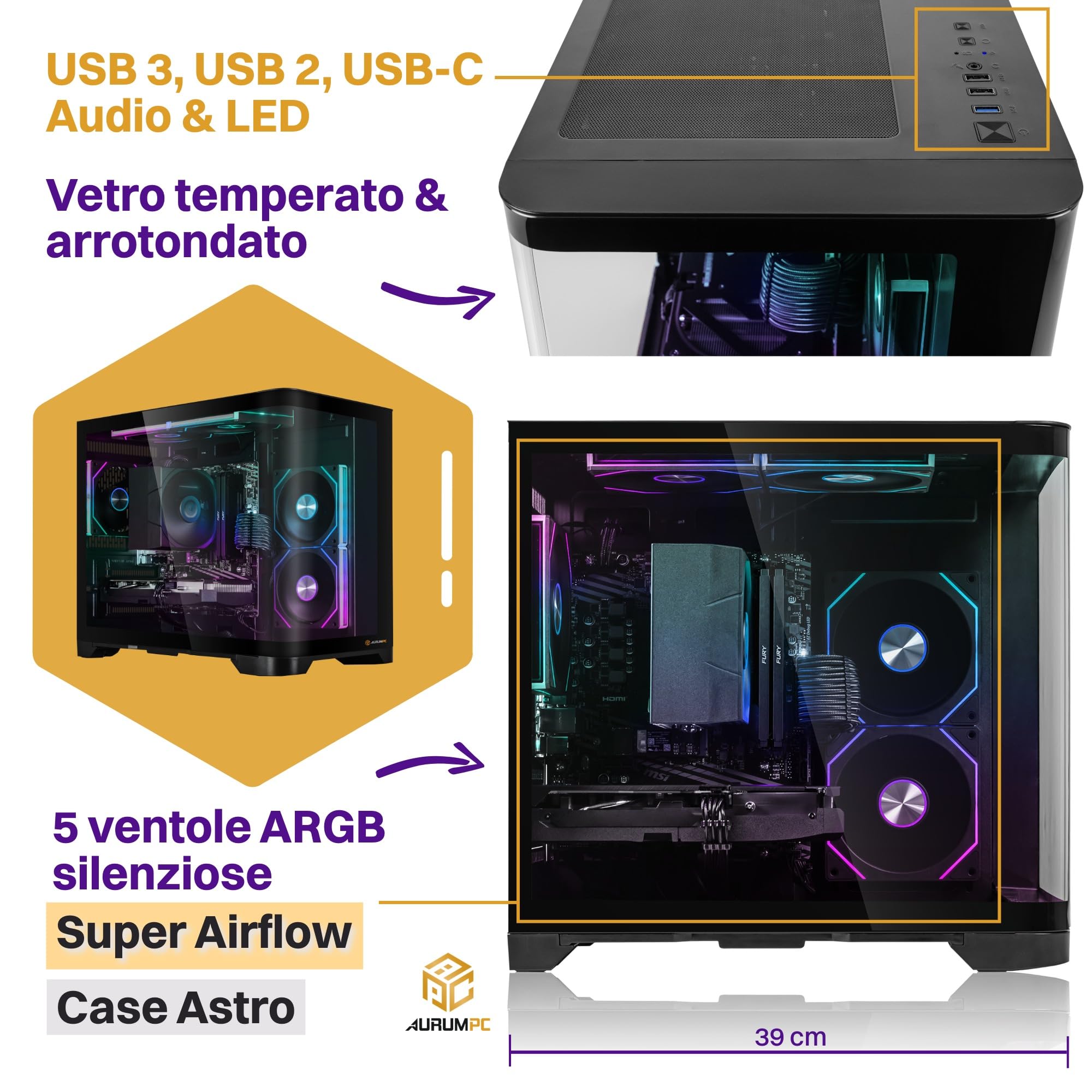 Aurum Completo PC Gaming Ryzen 5 5500 • 24” Schermo • GeForce RTX3050 6GB • 16GB DDR4 • 1TB M.2 SSD • Windows 11 • Tastiera/Mouse • pc da gaming