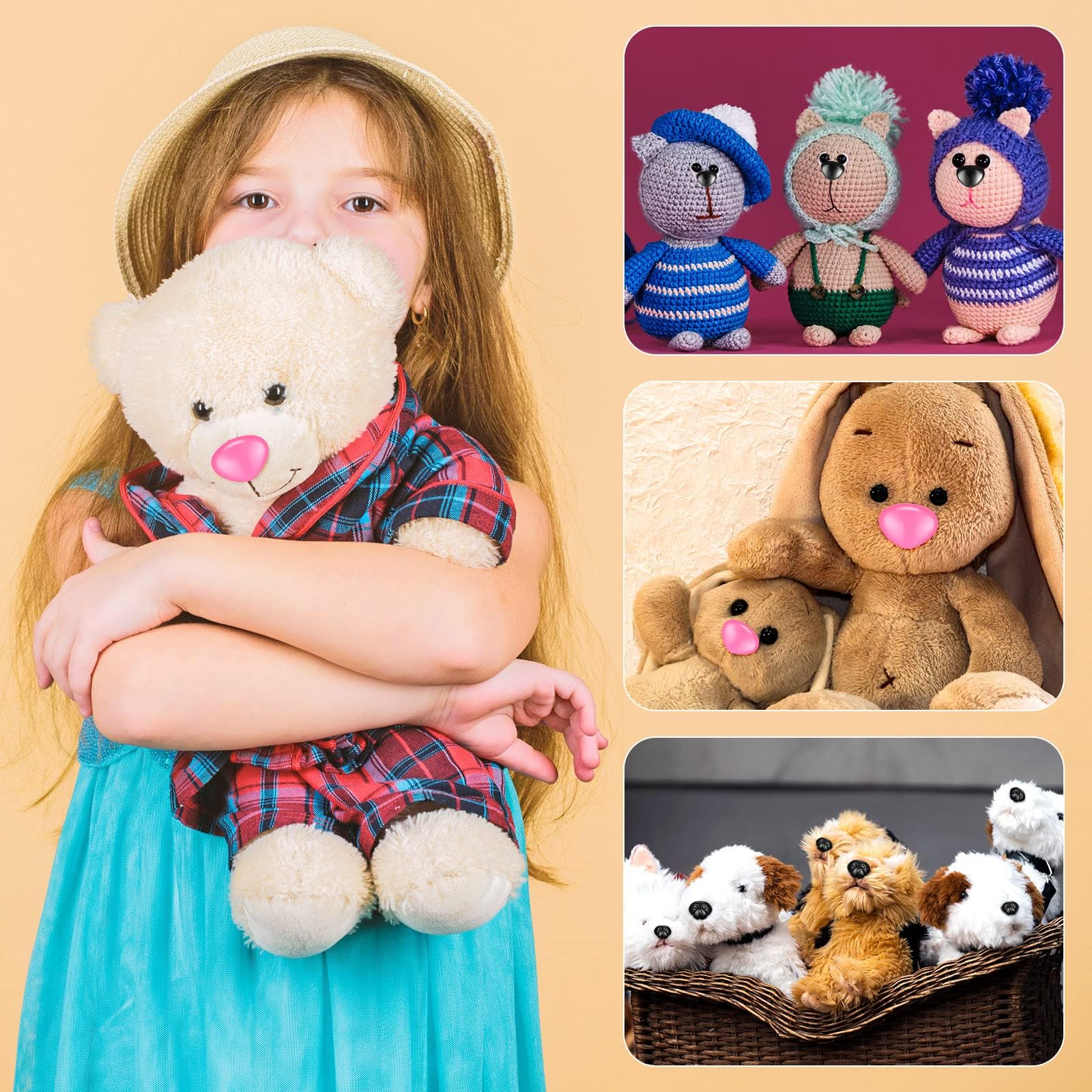 Hengxinchen 78 Pièces 7-15mm Nez De Sécurité Amigurumi, Plastique Nez De Securite Noir Marron Rose, Nez De Sécurité Pour Amigurumi Crochet Poupées Artisanales Animaux En Peluche Et Ours En Peluche