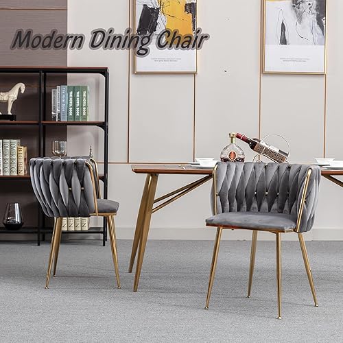 Miniatura 12 de Homtique Juego de 2 sillas de comedor modernas de terciopelo tejido con patas de metal dorado, sillón tapizado de lujo para cocina, tocador, sala de