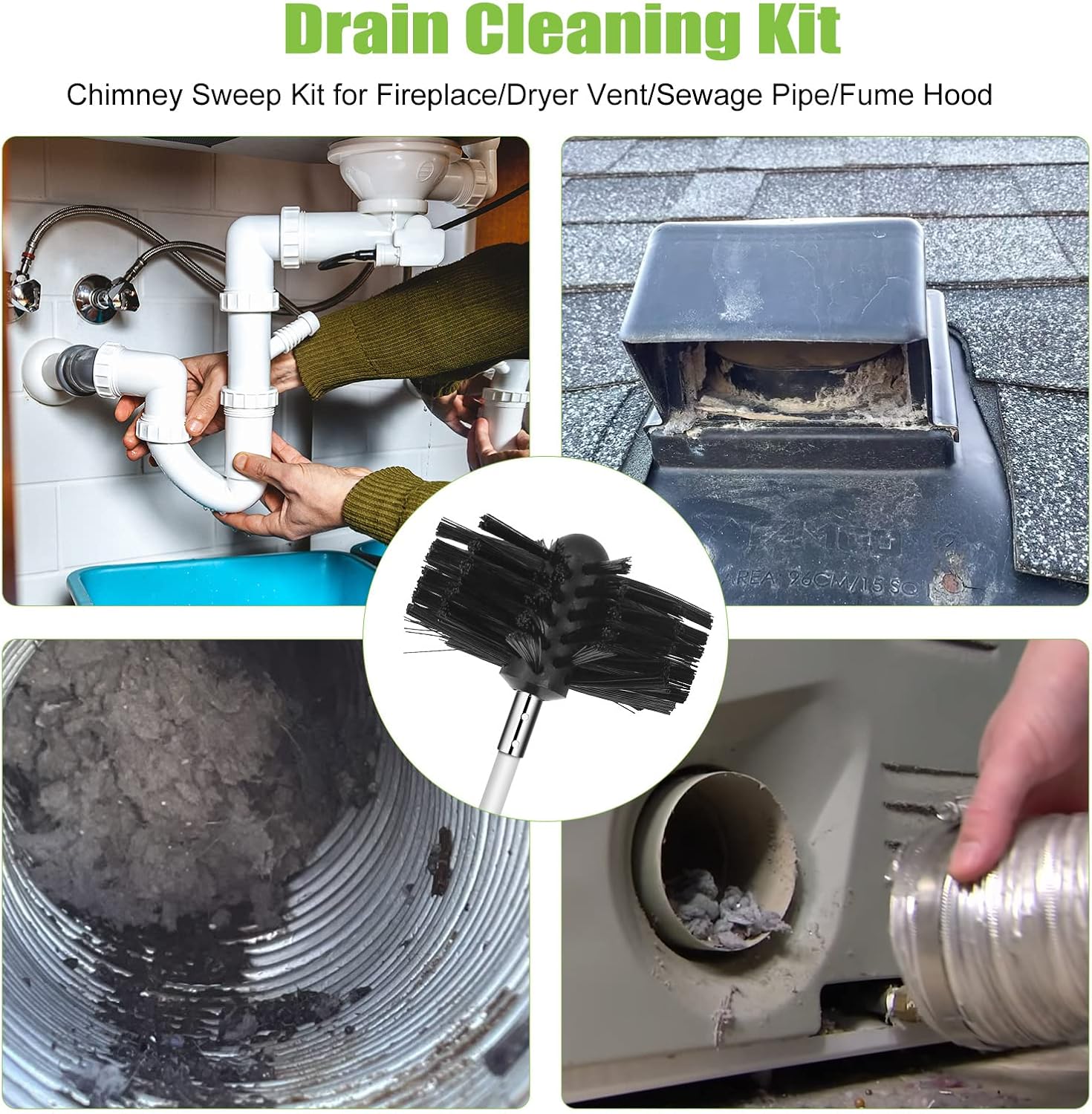 24Pcs Chimney Cleaning Brush Kit with 18 Flexible Nylon Rods+ 6" Brush Head + Wood Long Brush+ Storage Bag, Duct Vent Cleaning Set, Sweep Brush Tool for Flue/Fireplace/Sewage Pipe/Fume Hood
