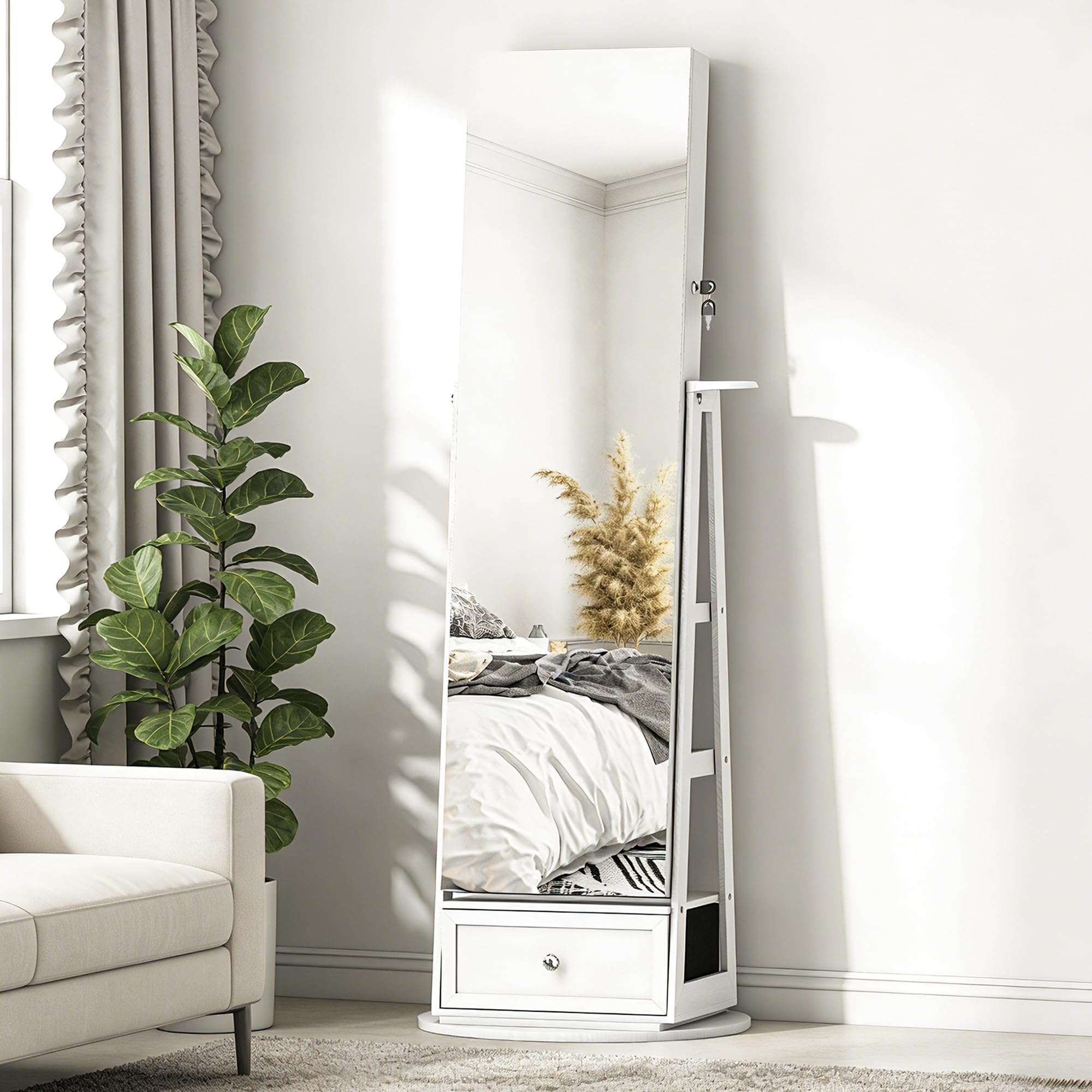 HOMCOM Armario Joyero de Pie con Luces LED, Espejo Cuero Entero, Soporte para Secador, Giratorio 360°, Cajón, Cerradura, Blanco y Beige