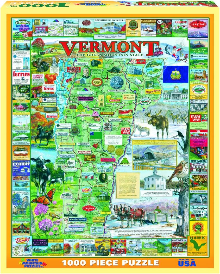 White Mountain 1000 Piece Jigsaw Puzzle State Landmarks Collage Puzzles with Large Pieces Gift for Adults and Family 24"x30" - Vermont