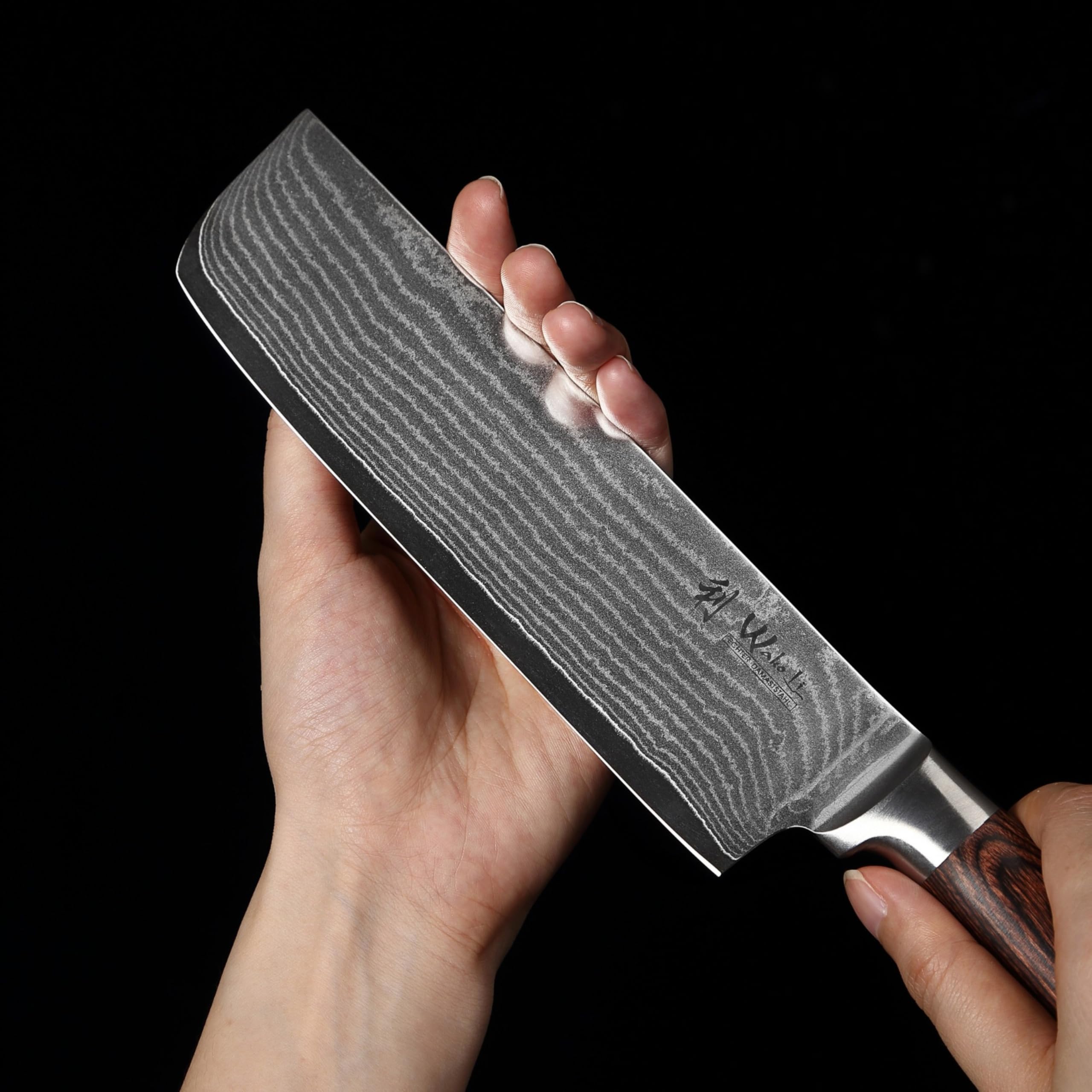 Wakoli EDIB Couteau Nakiri de Cuisine Professionnel en Damas, Lame 17,5 cm | acier damassé à 67 couches, noyau VG10, manche en bois de pakka, lame tranchante et précise pour les travaux en cuisine