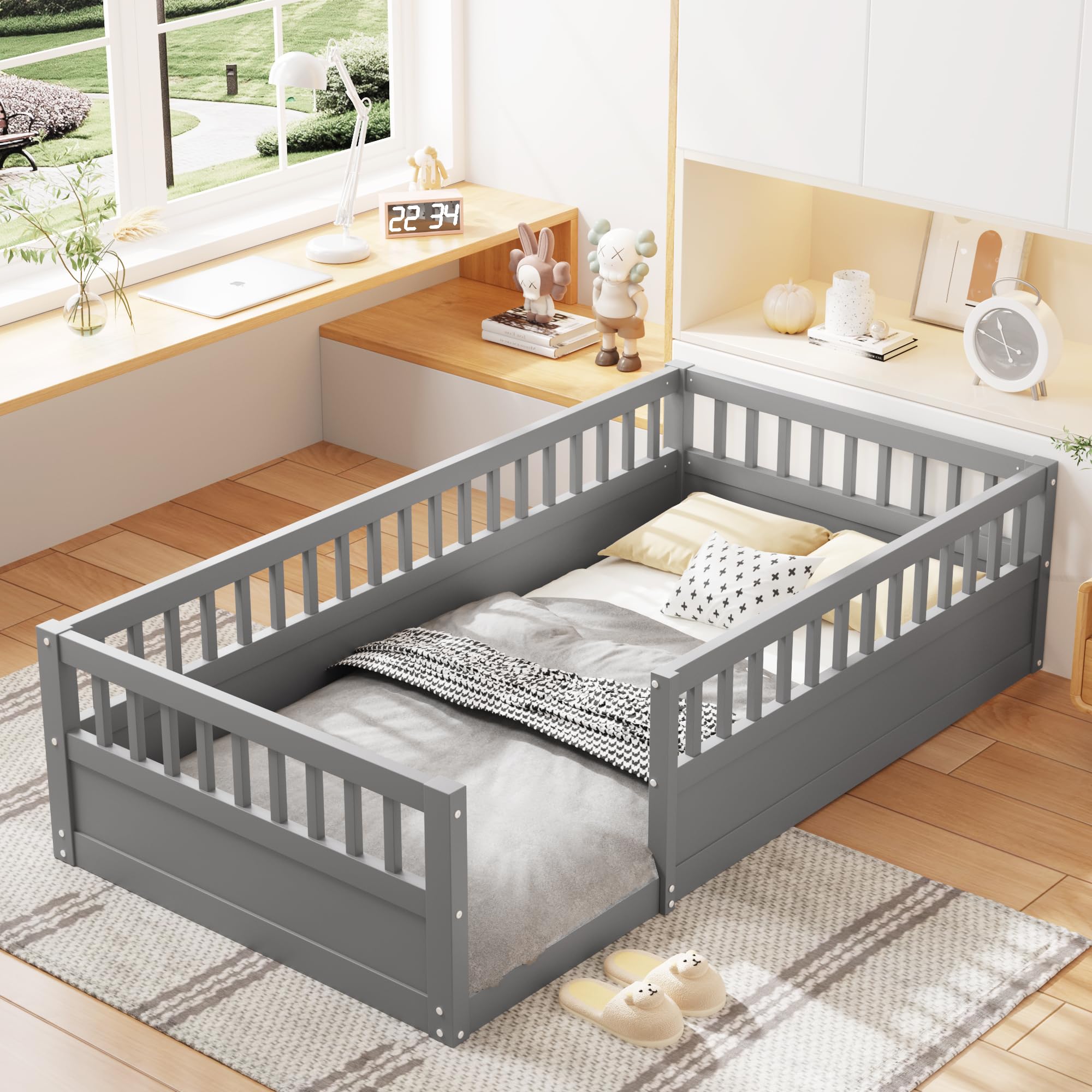 Twin Floor Bed Frame with Fence Montessori Bed Wood Kids Floor Beds Frame for Bedroom Playroom Gray