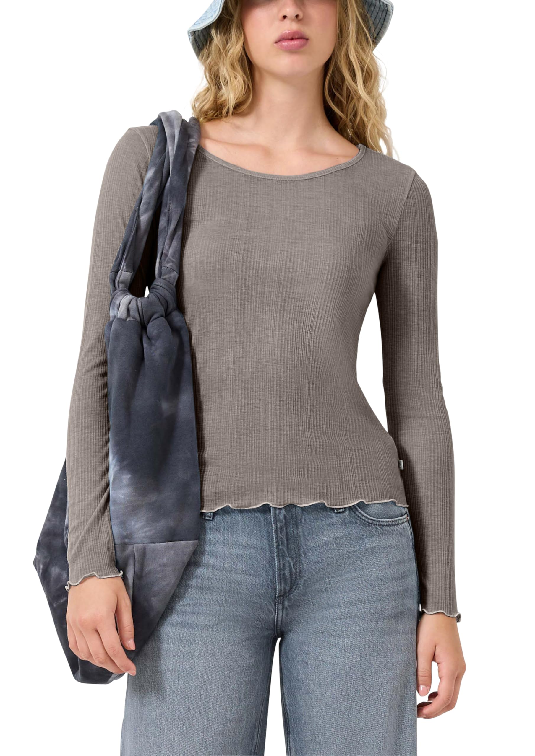 QS Damen Leicht Transparentes Rippshirt T-Shirt Langarm