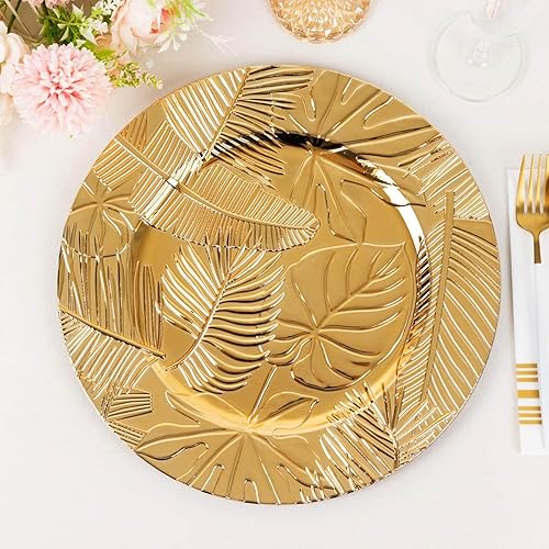 Miniatura 2 de Efavormart - Paquete de 6 platos para servir de plástico acrílico dorado metálico con hojas tropicales en relieve, 13 pulgadas redondas decorativas