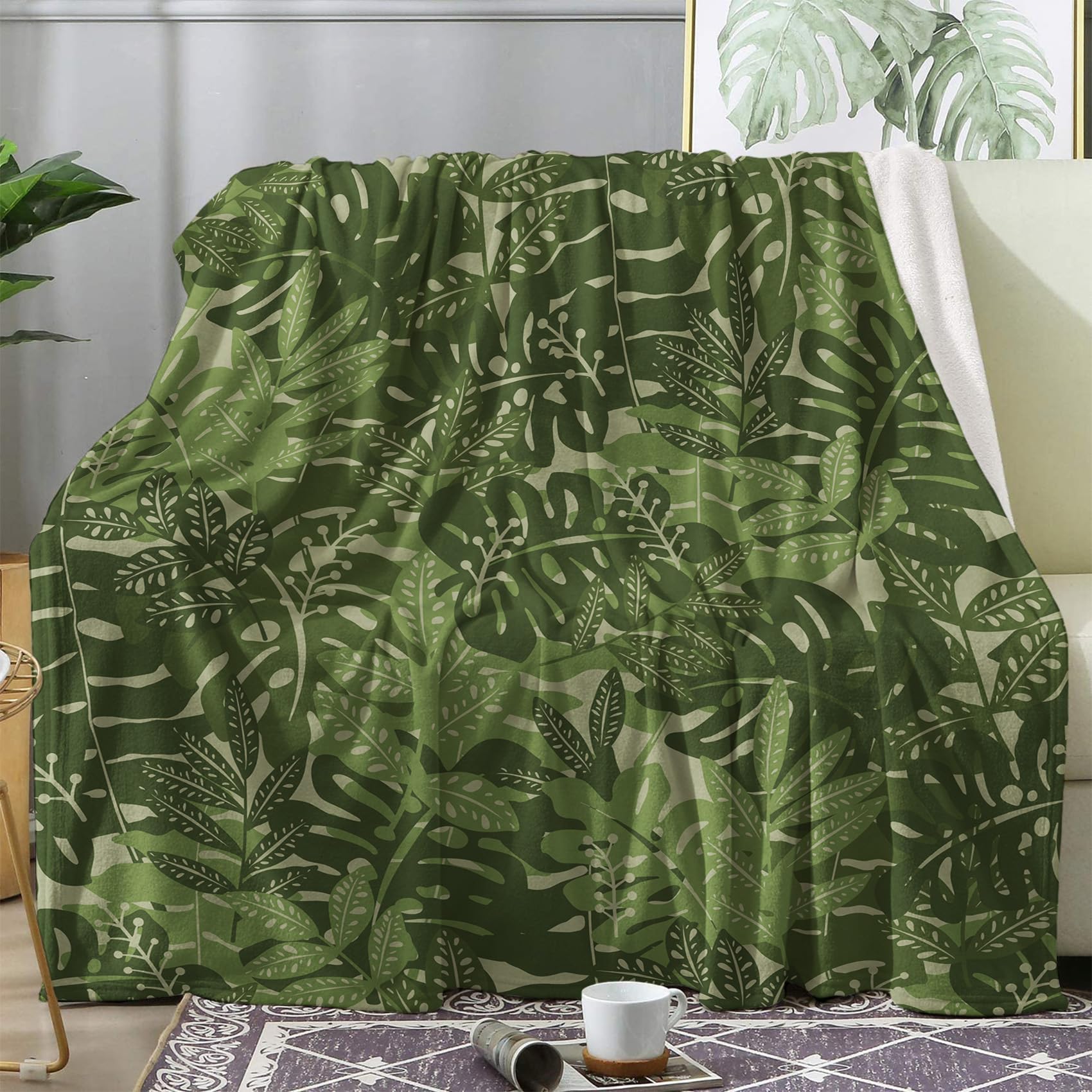 zcwl Green Leaf Blanket Queen Size, Tropical Leaves Fleece Throw Blanket for Couch Bed Sofa, Botanical Patterned Blankets and Throws, Super Soft Cozy