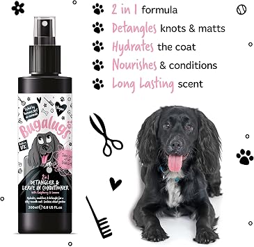 BUGALUGS Dog Detangler Spray, leave In conditioner spray de matting. No tangles. Professional dog grooming formula Wheat protein. Pet detangling spray knot removal (Detangler 200ml) (BSDTRLM200)