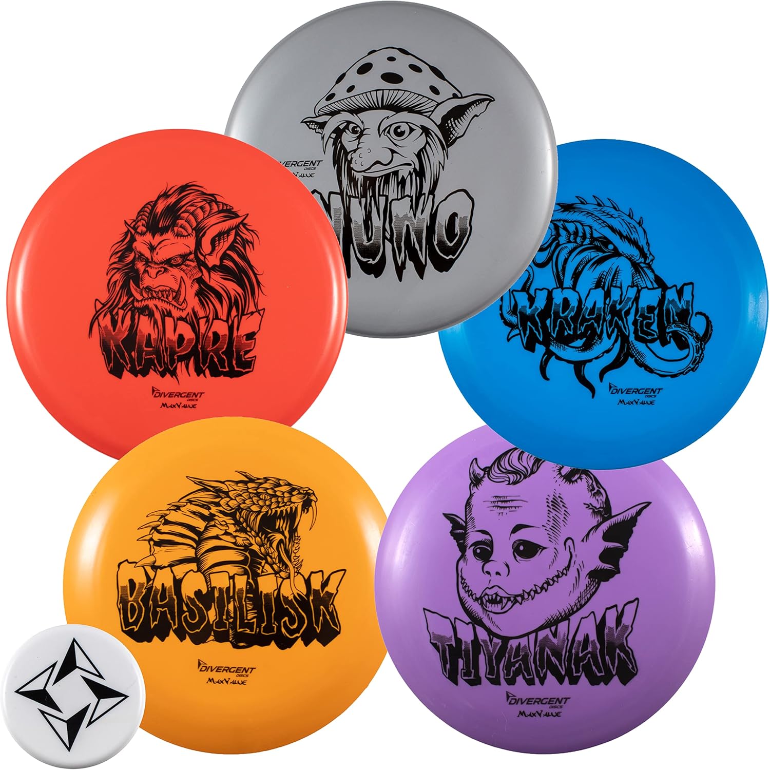 Divergent Discs 5-Disc Beginner Disc Golf Starter Set - Putter, Midrange, Fairway Driver, Distance Drivers, Mini Disc