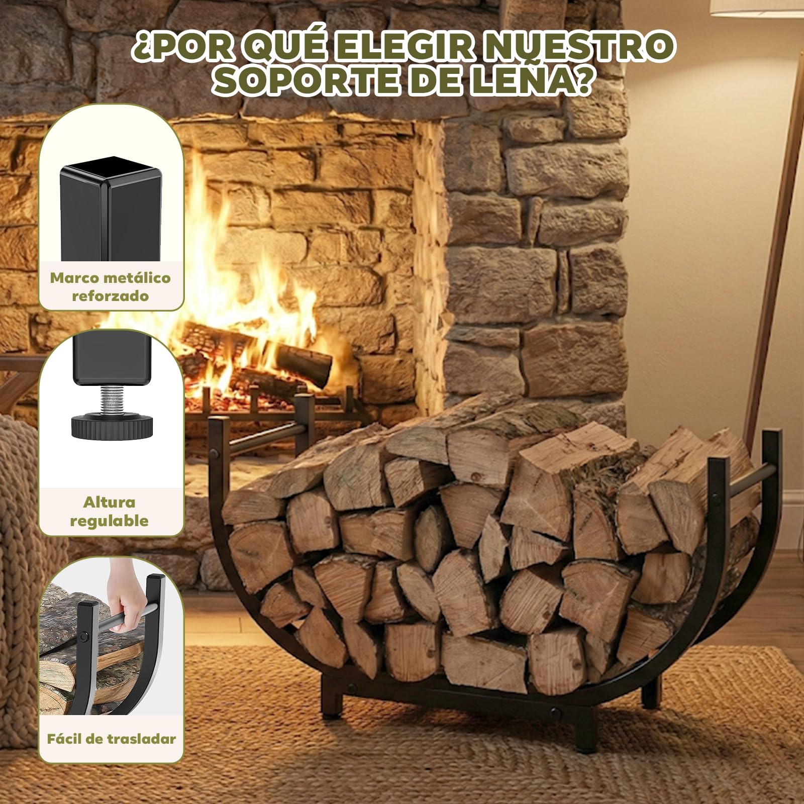 Estantería para Leña de Metal | Almacenamiento de Leña para Interior y Exterior | Soporte para Chimenea, Jardín, Camping y Autocaravana | Fácil Montaje, Negro