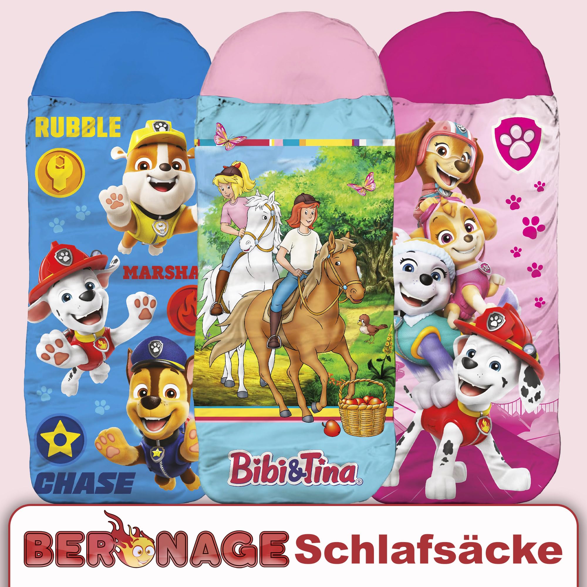 Bibi und Tina Kinder-Schlafsack – Freunde Blau/Rosa 140 cm + 30 cm (Kapuze) x 70 cm, ideal für Outdoor/Indoor, Mumienschlafsack für Mädchen mit den Pferden Sabrina & Amadeus mit Reißverschluss
