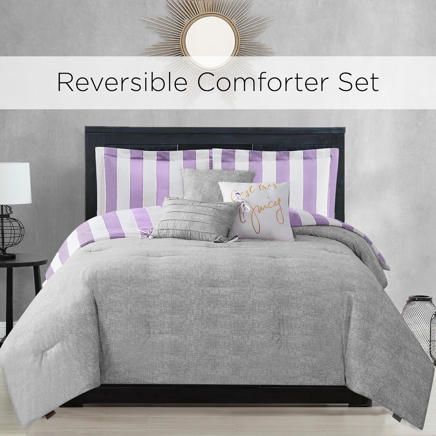 Juicy Couture Cabana Stripe Reversible Bedding Set - King Size - Lavender/White Stripe Print – 6 Piece Set – Includes 1 104" x 90" Comforter, 3 Decorative Pillows, 2 Shams Canaba Stripe Lavender/White King