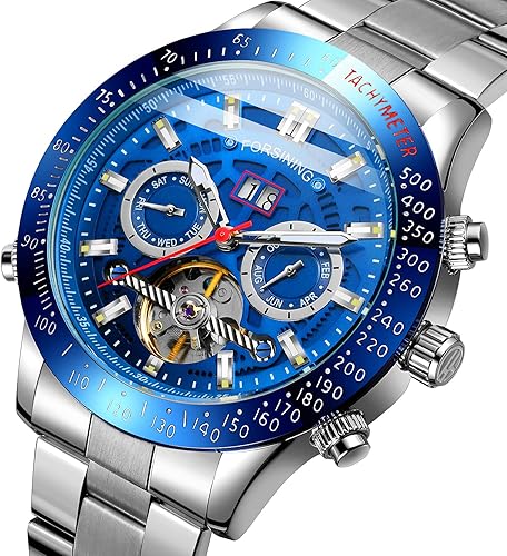 Miniatura 2 de FORSINING Reloj de pulsera de acero inoxidable con calendario original Tourbillion automático para hombre, Azul y plateado, Automático de bobinado