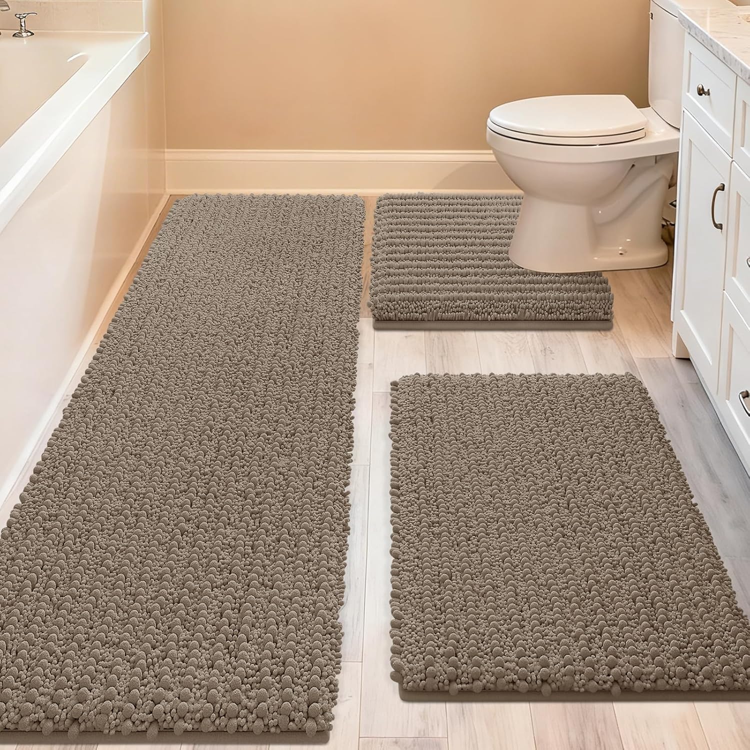 ACCUMTEK Upgrade Extra Large Dark Beige Bathroom Rug Set 3 Pieces Gray Ultra Soft, Thick Absorbent Bath Mats, Non Slip Chenille Toilet Mat Bathroom, Bedroom, Kitchen, Taupe