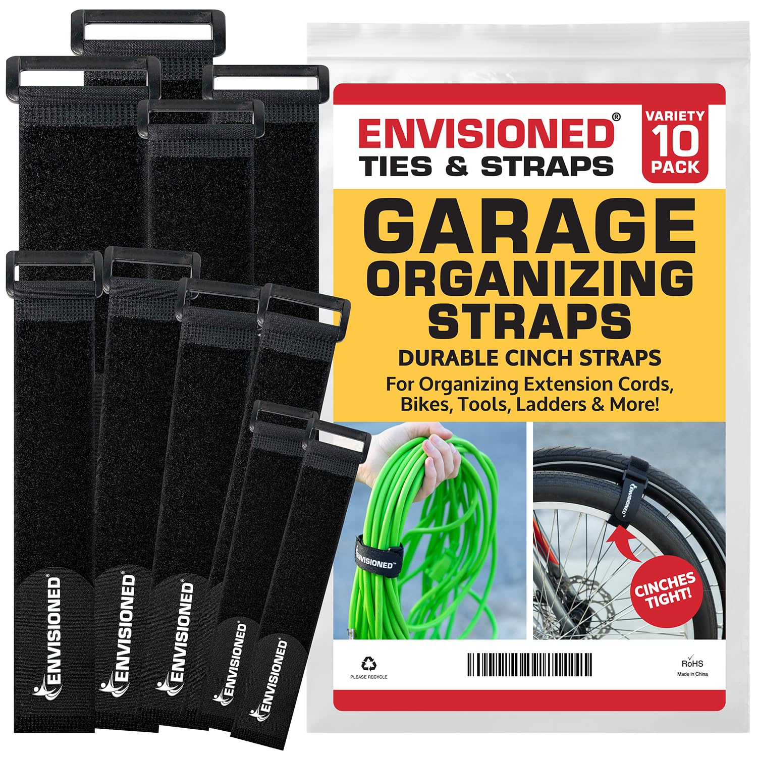 Reusable Garage Organizing Cinch Straps Combo Pack - Multipurpose Quality Hook and Loop Securing Straps