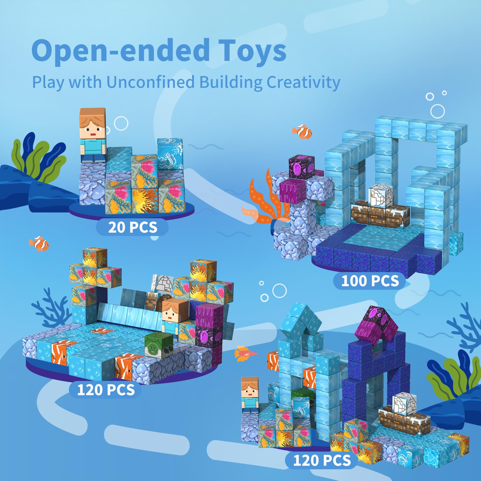 tinytrek Magnetic Blocks-120PCS Ocean Quest Set,Magnetic Building Blocks Kids Toys for Ages 3 4 5 6 7 8 Birthday Gifts,STEM Montessori Sensory Toys for 3+ Years Old Boys & Girls