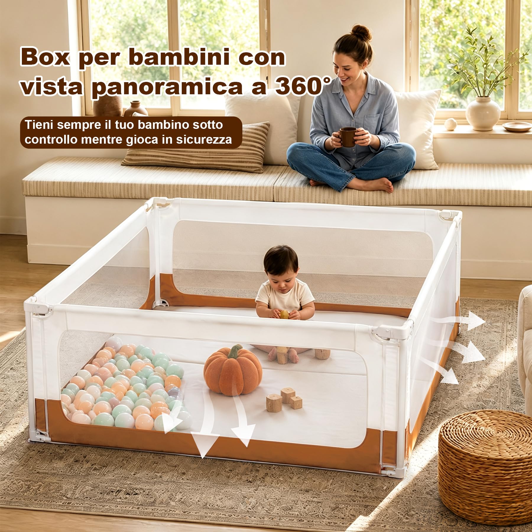Box Bambini 150x180 cm, Recinto per Bambini e Neonati, Box Gioco da Interno con Rete Traspirante, Doppia Chiusura di Sicurezza, Angoli Rinforzati, Ideale per Gattonare e Camminare