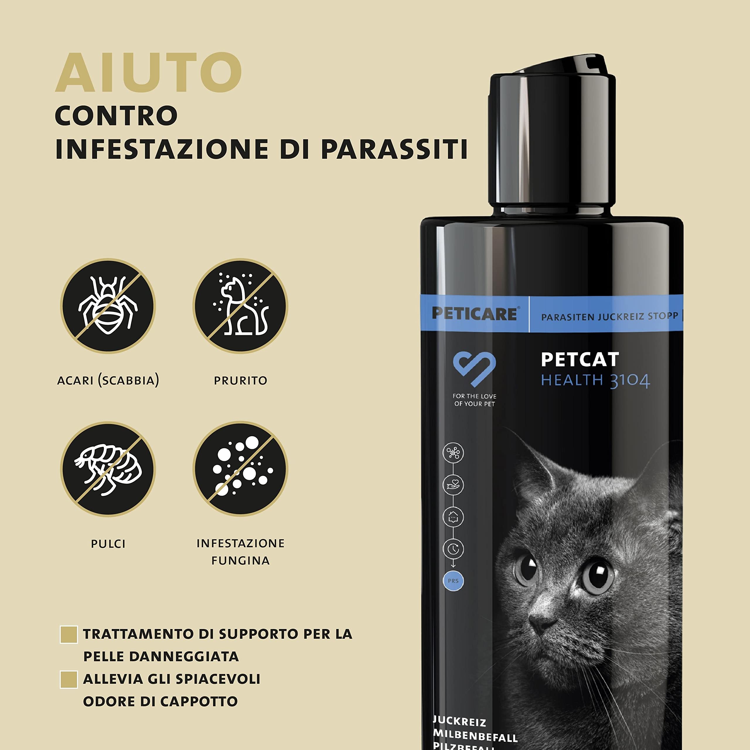 Peticare Shampoo Gatti Prurito e Acari – Scudo Cura Immediata per Parassiti – Senza Insetticidi – con Proteine della Seta – Shampoo Lenitivo