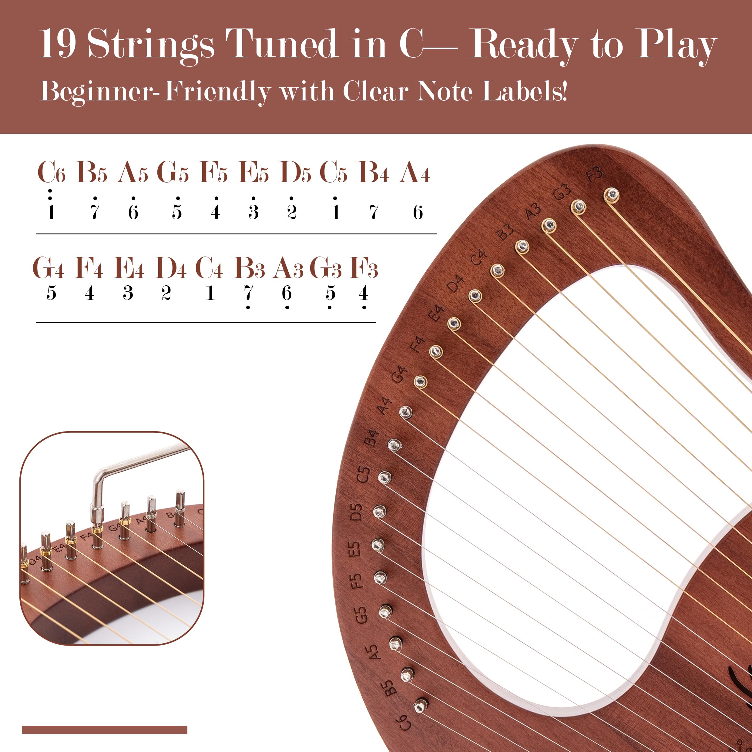Mulucky Arpa de lira, kit de arpa de lira de caoba de 19 cuerdas, instrumentos musicales de cuerda con bolsa de llave de afinación, cuerdas adicionales para principiantes y adultos