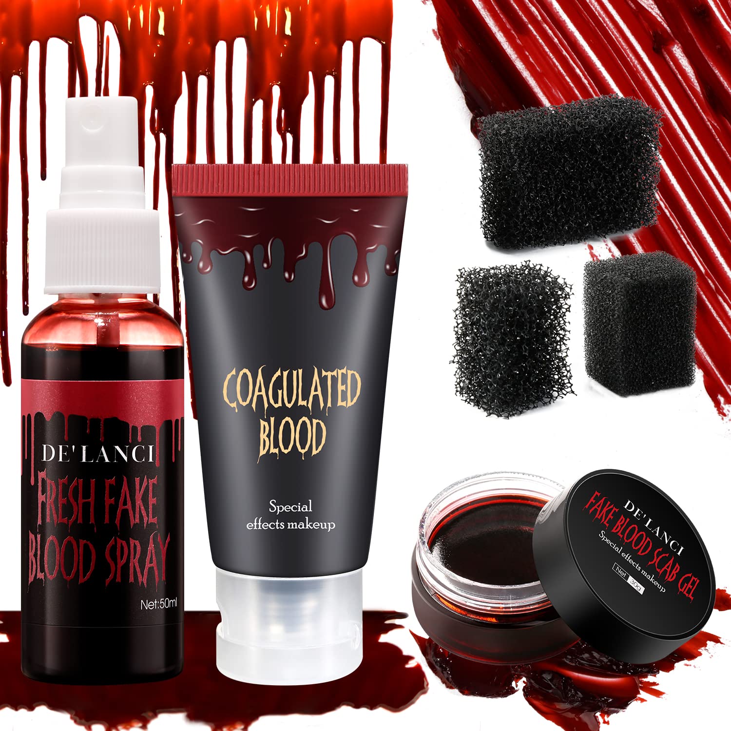 Halloween Makeup Kit ,Fake Blood Spray+Edible Fake Blood Gel+Coagulated Blood Scar+Sponge,Realistic Washable Cosplay Stage SFX Zombie Vampire Special Effects Makeup Safe for Body/Face Paint