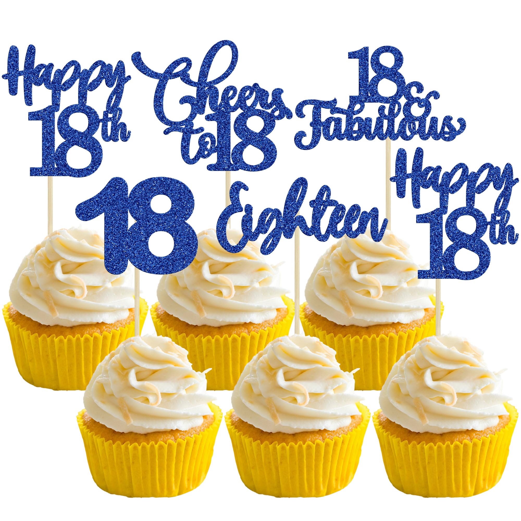 30 Pack Happy 18th Birthday Cupcake Toppers Dark Blue Glitter 18 Fabulous Cheers to 18 Years Old Birthday Cupcake Picks for Happy 18th Anniversary