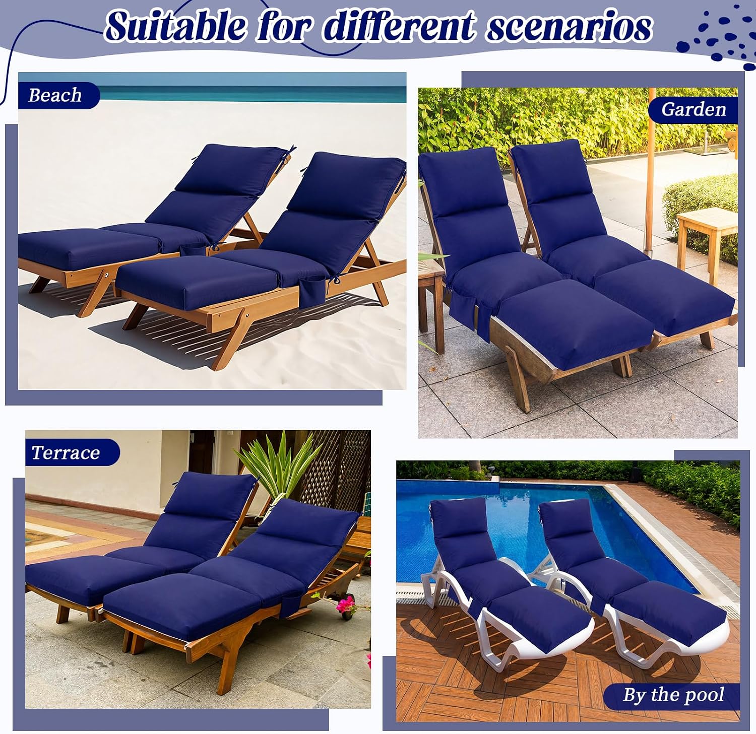 Kigley 2 Pcs Chaise Lounge Cushions, 78 x 22 x 4.7 Inch Outdoor Lounge Chair Cushions with Pocket, Thick Tufted Patio Recliner Replacement with Ties, Fade Resistant for Pool Furniture (Navy Blue)