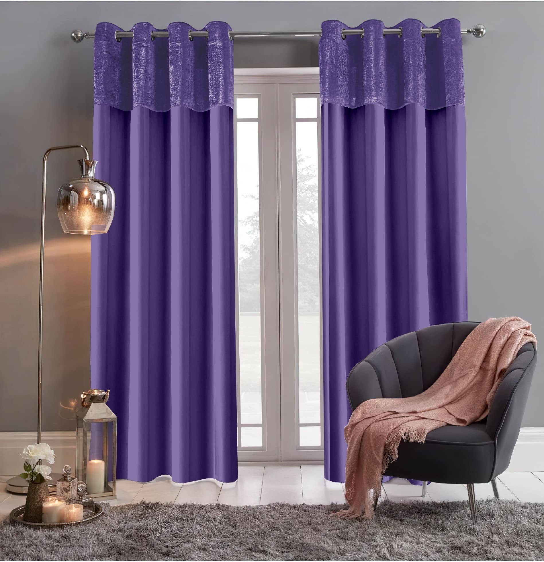 Roseley Crushed Velvet Band Curtains Eyelet Ring Top 2 Panels Fully Lined Faux Silk Window Treatment Elegant Solid Colours (46 x 72'' Purple)