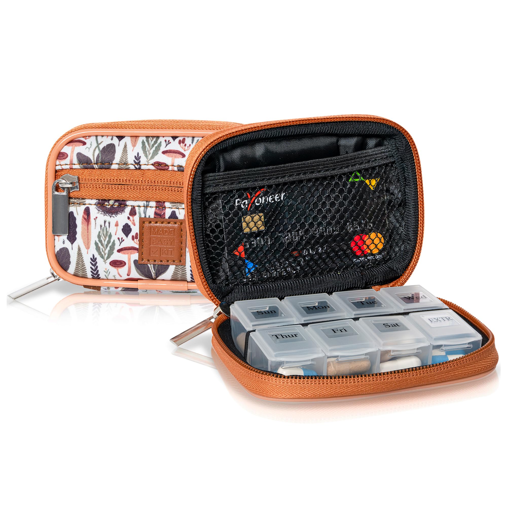 Made Easy Kit Pill Case - Weekly Medicine Organizer with Removable Seven-Day Vitamin & Supplement Box (Light Brown Woods)