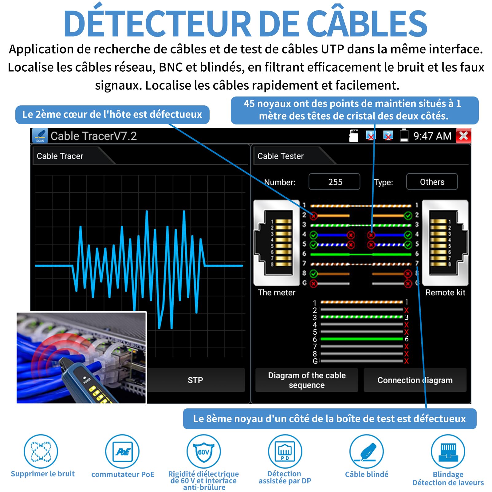 Henkion Kabeltester WT255 Cable Tracker, Drahtverfolger für Netzwerk-Telefonleitungen RVV BNC, unterstützt J45-Netzwerkkabeltest, Kurzschlusstest, Host-/Testbox-Fehlerortung, Arbeiten mit Kameratester