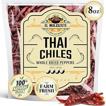 Dried Red Thai Chili Peppers, 8 oz Bag Whole Hot Peppers for Traditional Asian Cooking, Soups, and Curries by El Molcajete