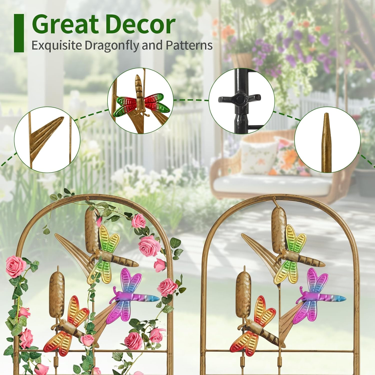 2 Pack Metal Garden Trellis with Colorful Dragonfly Outdoor Decoration Arched Fence Trellis for Climbing Plants for Patio, Backyard, Wall Brackets