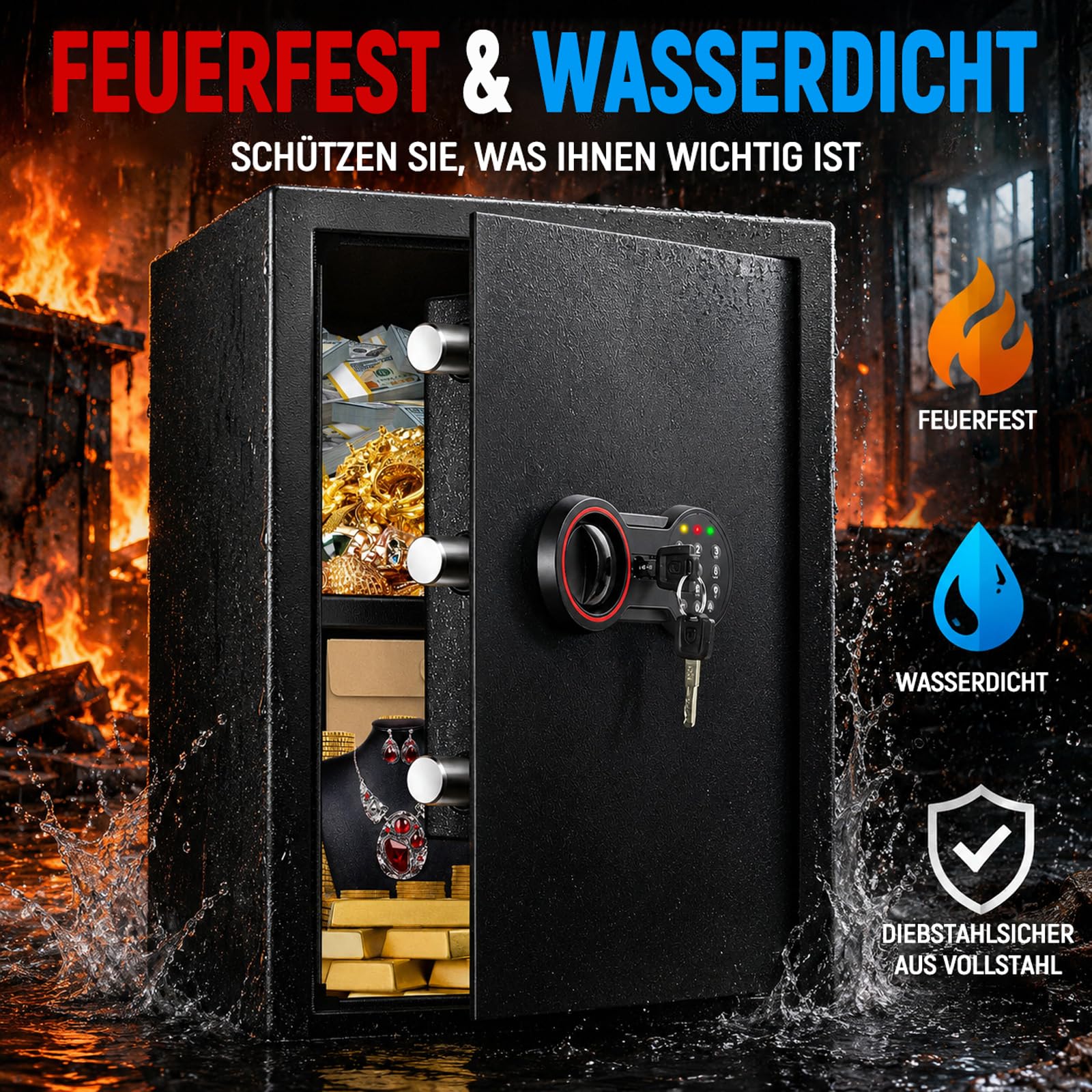 70L Großer Safe Tresor, Digitale Tresore mit Schlüssel, Alarmsystem und Abnehmbares Regal, Möbeltresor für Zuhause, Geld, Dokument and Wertgegenstände