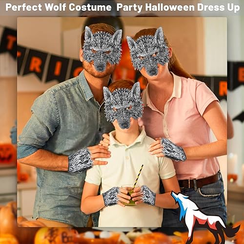 Miniatura 6 de Máscara de lobo con cola y guantes, disfraz de hombre lobo para hombres, mujeres y niños, disfraz de fiesta de Halloween, cosplay