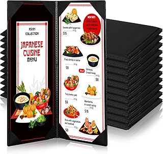 12 Pieces Black Menu Covers PVC Waterproof Restaurant Cafe Bar Fold Menu Book 2 View Double Fold Angled Corners Menu Covers for Wine Drinks Cafes List Covers Set, Fits 4.25 x 11 inches Menu