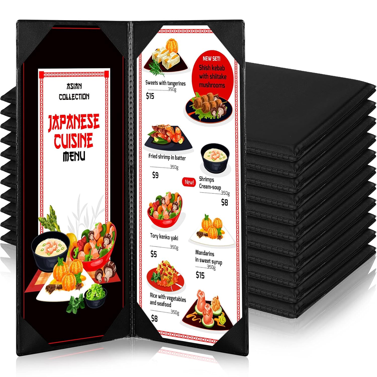 12 Pieces Black Menu Covers PVC Waterproof Restaurant Cafe Bar Fold Menu Book 2 View Double Fold Angled Corners Menu Covers for Wine Drinks Cafes List Covers Set, Fits 4.25 x 11 inches Menu