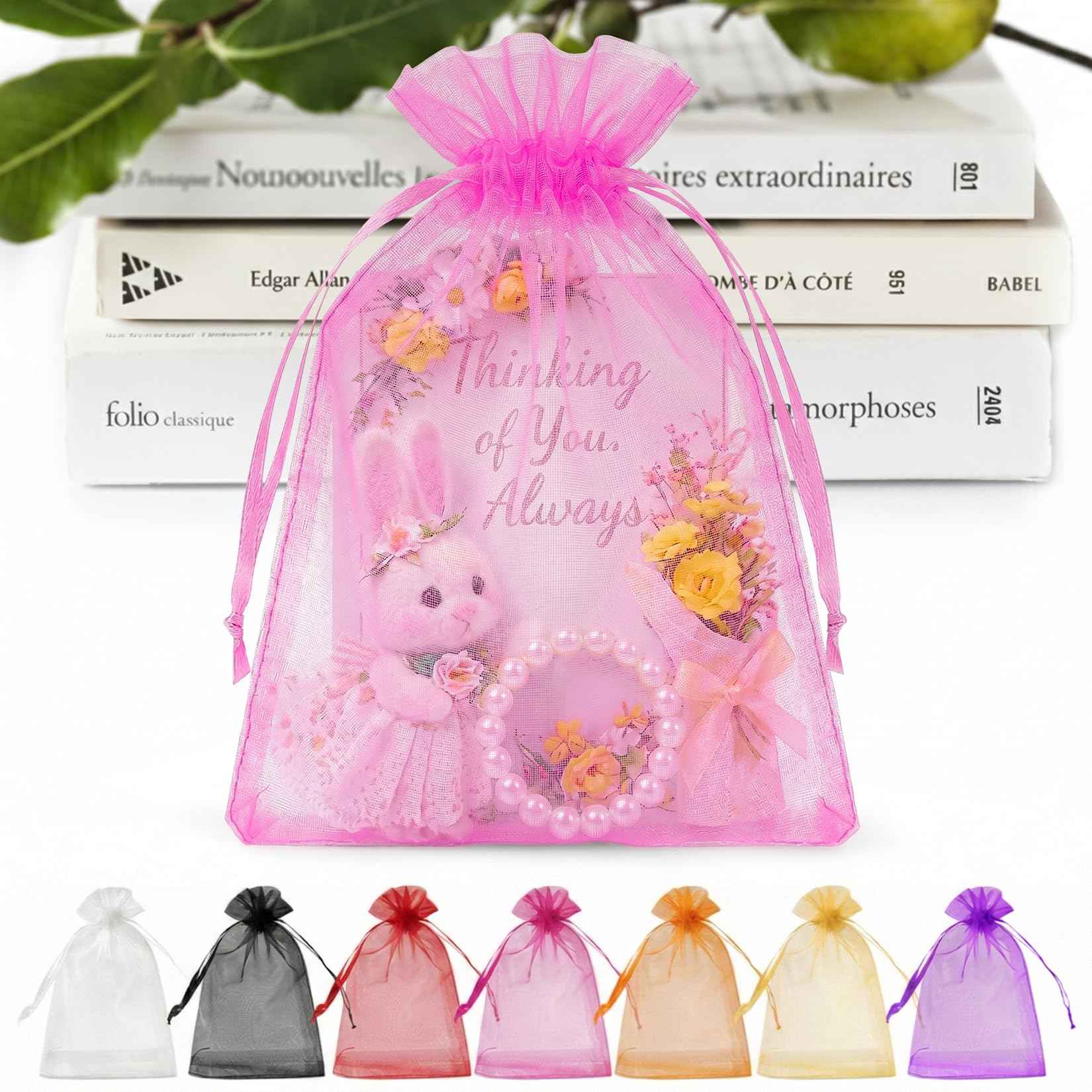 ANZNKU 50 PCS Organza Bags 5 x 7, Hot Pink Small Mesh Gift Bags Drawstring