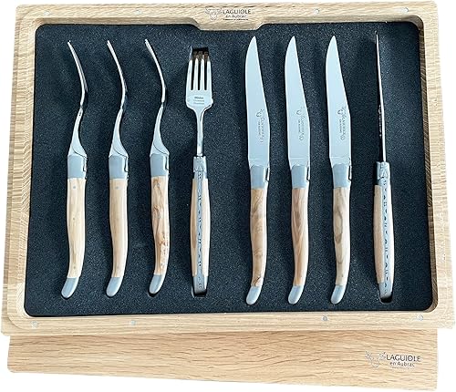 Laguiole en Aubrac L uxury, juego de 8 piezas con 4 cuchillos de carne totalmente forjados y 4 tenedores con asas de madera de olivo, refuerzos