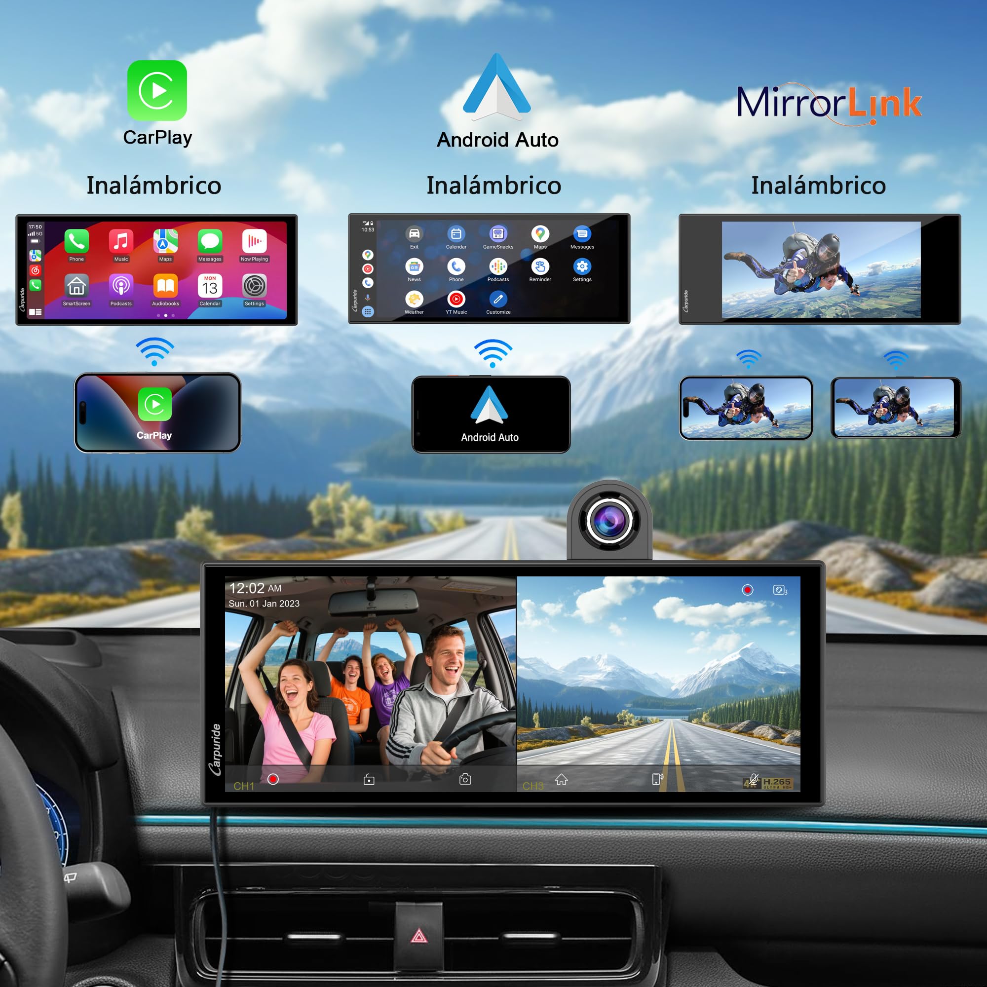 Carpuride Sistema Inalámbrico Portátil Carplay y Android Auto con Cám de Tablero - W125A Pantalla IPS HD de 11.26",Cám Frontal 4K + Cám Trasera 1080P,Grabación en Bucle,Audio Bluetooth,GPS,Siri,Música