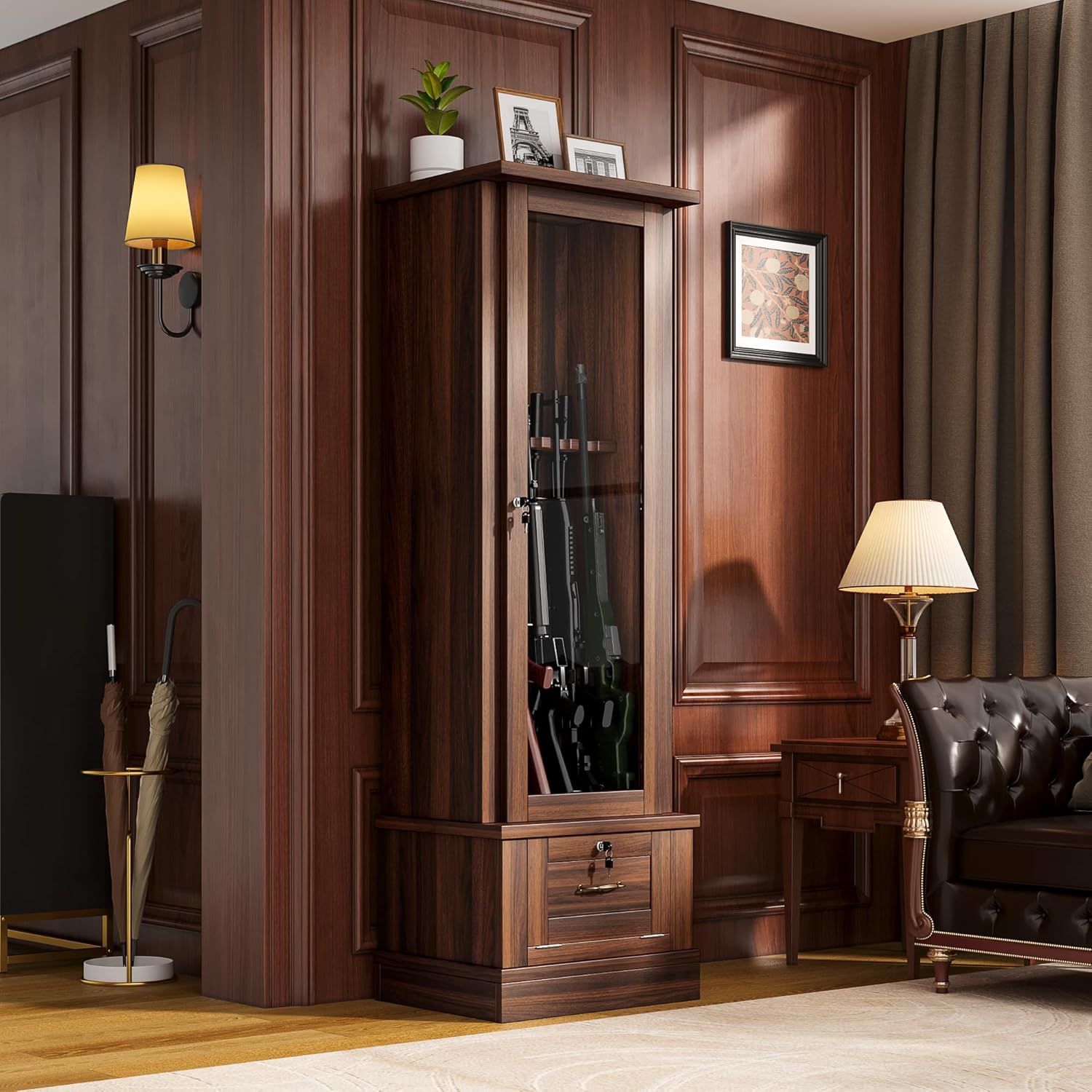 10 Gun Safe for Rifles, Wooden Display Gun Cabinet for Long Rifles, Quick Access Cabinet Safes with Large Sapce Storage for Multiple Short Gun, Espresso