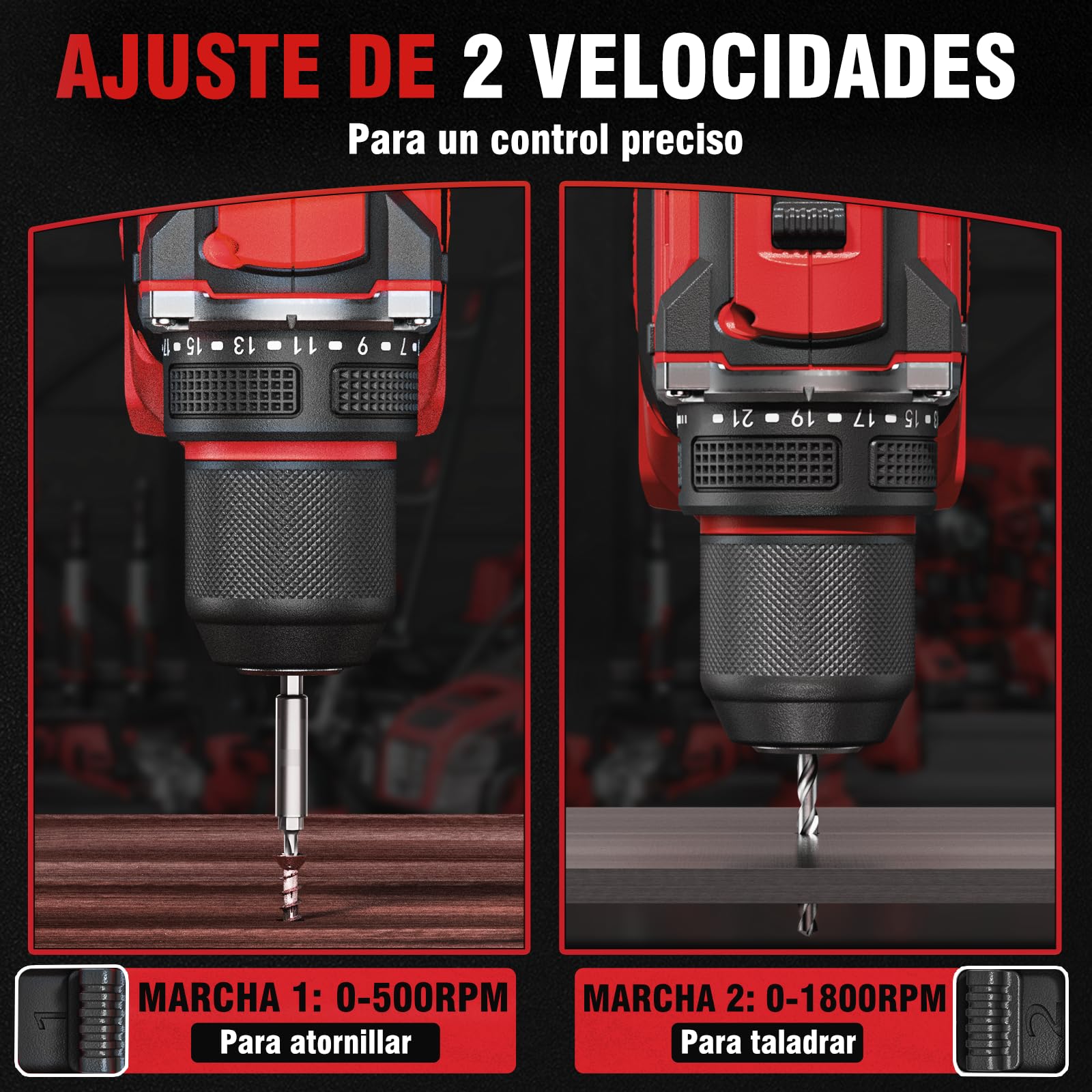 Taladro inalámbrico Alloyman 20V MAX, motor brushless, 1800 RPM, torque máximo 60 Nm, mandril metálico sin llave 3/8", 21+1 niveles de torque, para hormigón, metal y madera