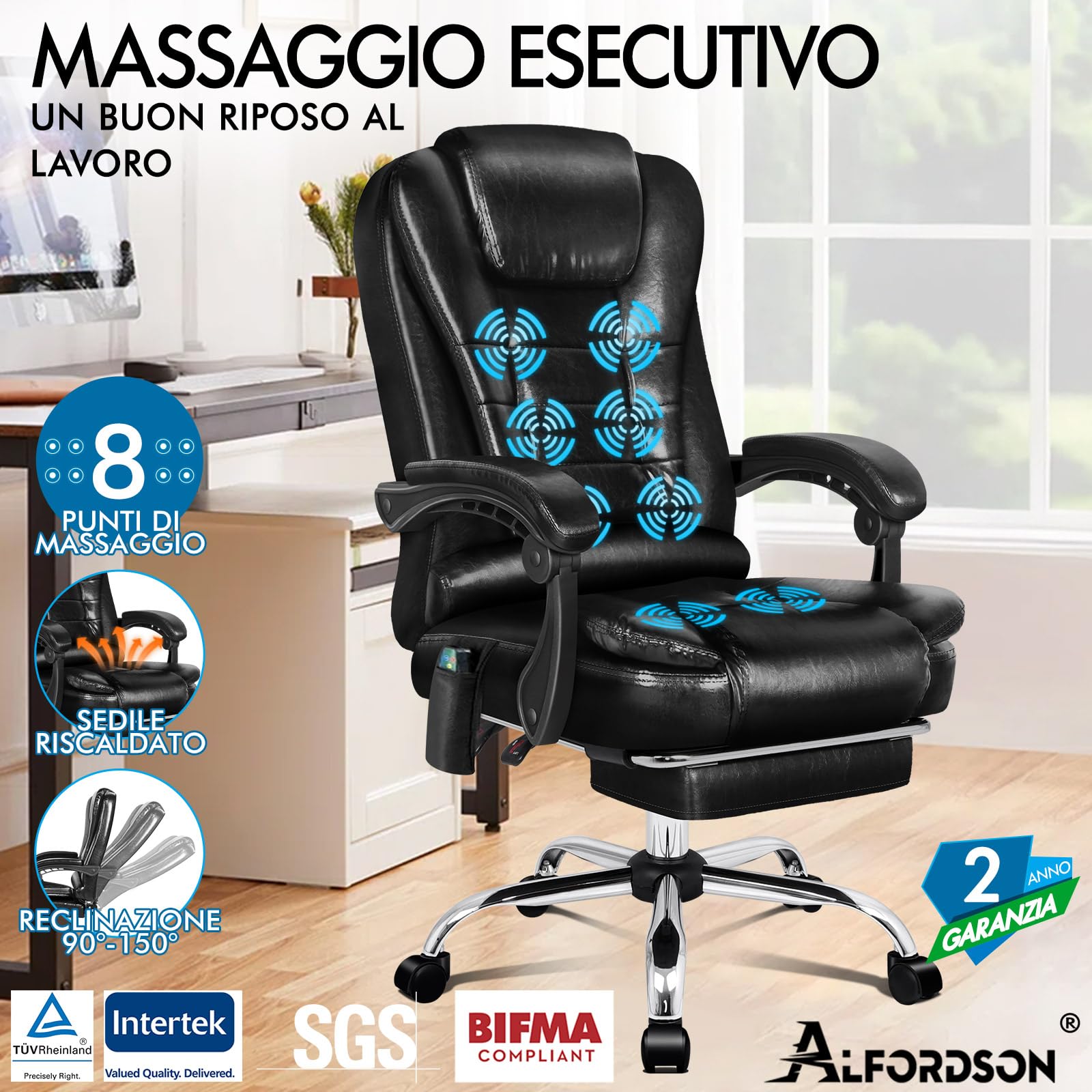 ALFORDSON Sedia da ufficio gaming con massaggio, ergonomica schienale alto supporto lombare, ruote seduta da corsa comoda ecopelle Nero
