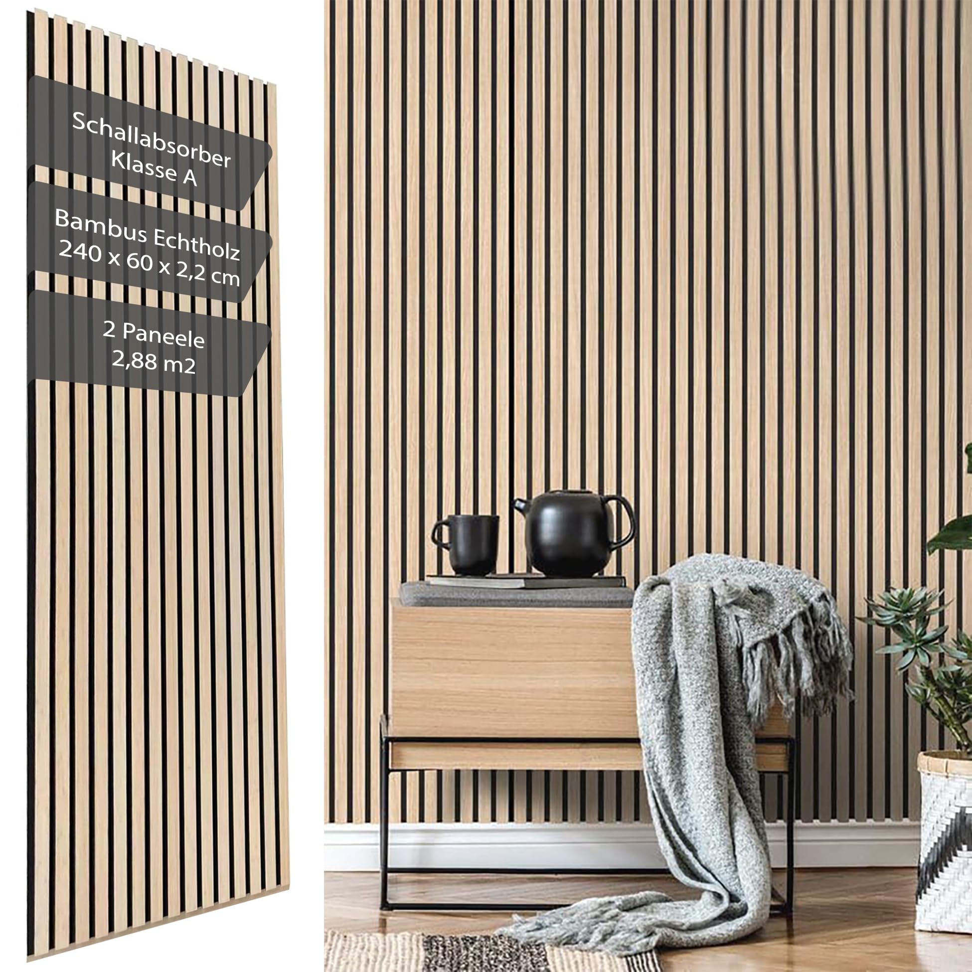 Vereg Akustikpaneele Holz 240x60 I 2er Set I 22mm hohe Bambus Paneele, KEIN  MDF I 3D