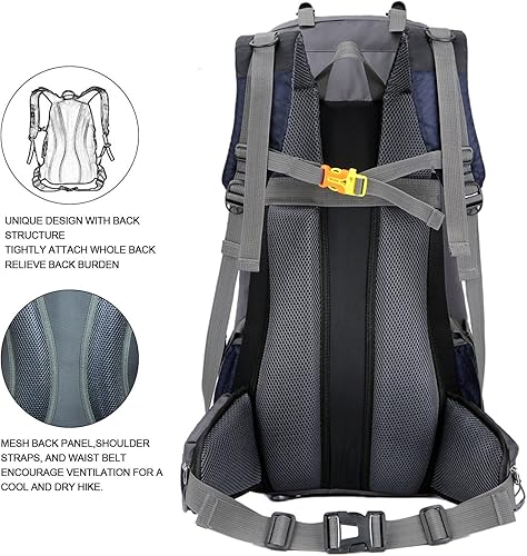 Miniatura 6 de Mochila de senderismo ligera impermeable de 60 L con cubierta de lluvia, mochila deportiva para viajes al aire libre para escalar, campamento, viajes