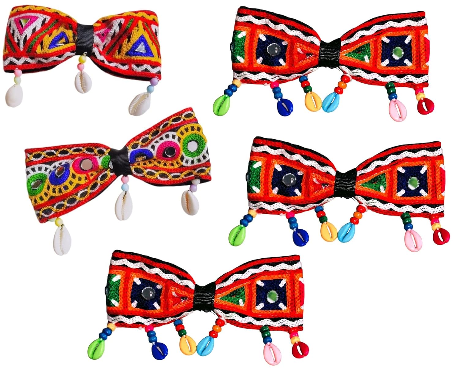 Navratri Fancy Hair Bow Tie For Girls Women Teenager With Abla Glass Shell Kodi Kaudi Kutchi Lace Work Hair Clip Buckle Hair Accessories (Multi-Coloured 1 pcs)