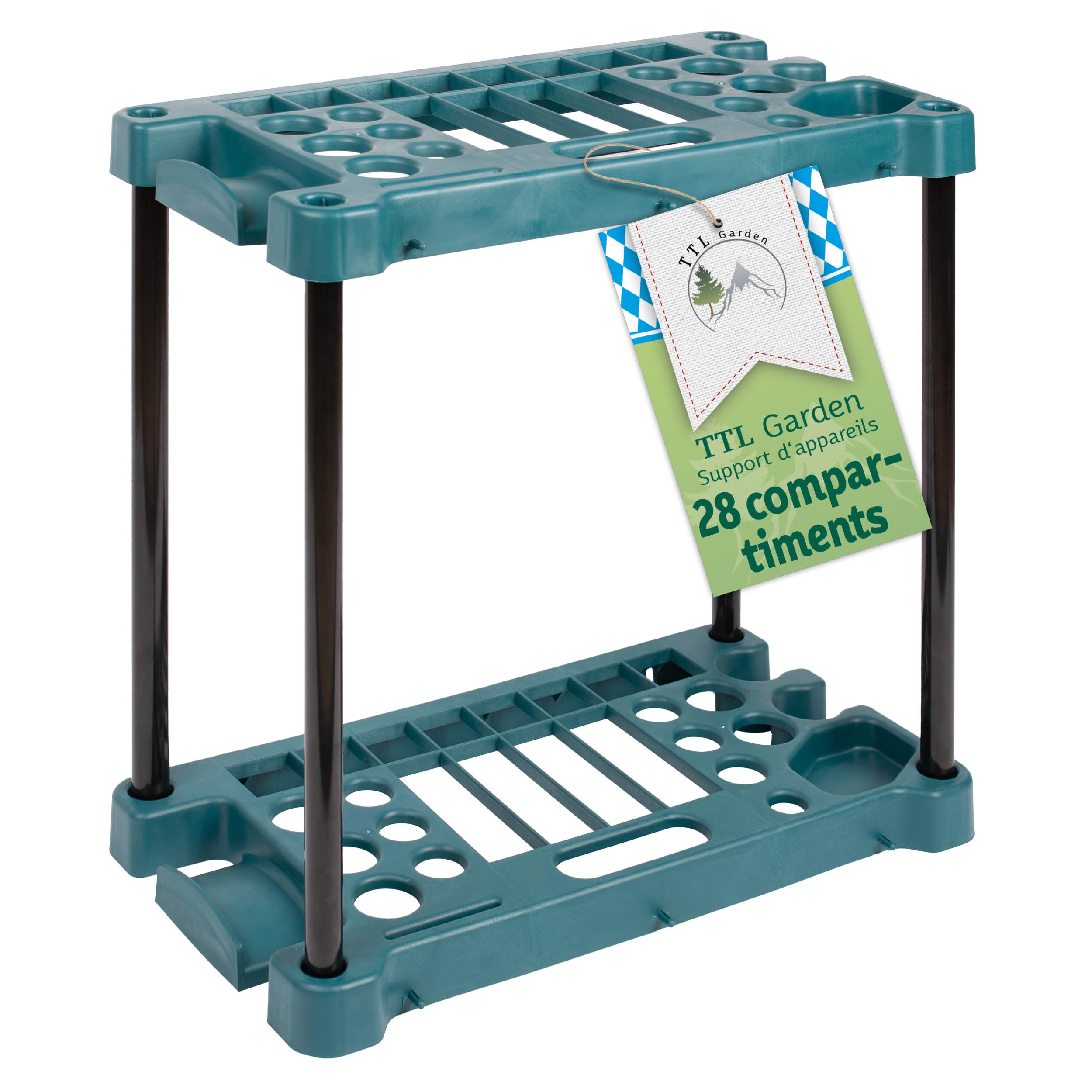 TTL Commerce Garden Support rectangulaire outils de jardin 61x58x31cm 28 compartiments Support et organiseur le rangement balais,bêches,râteaux et outils de jardin,abri de jardin et garage Vert/Noir