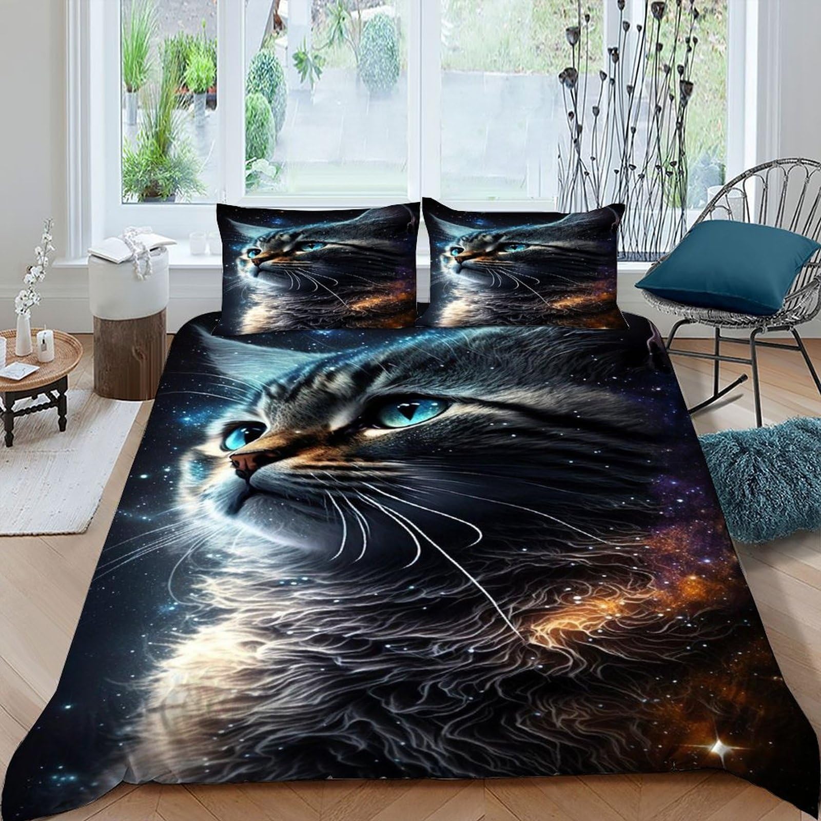 Housse de couette chat galaxie anti-plis lit king microfibre facile à laver