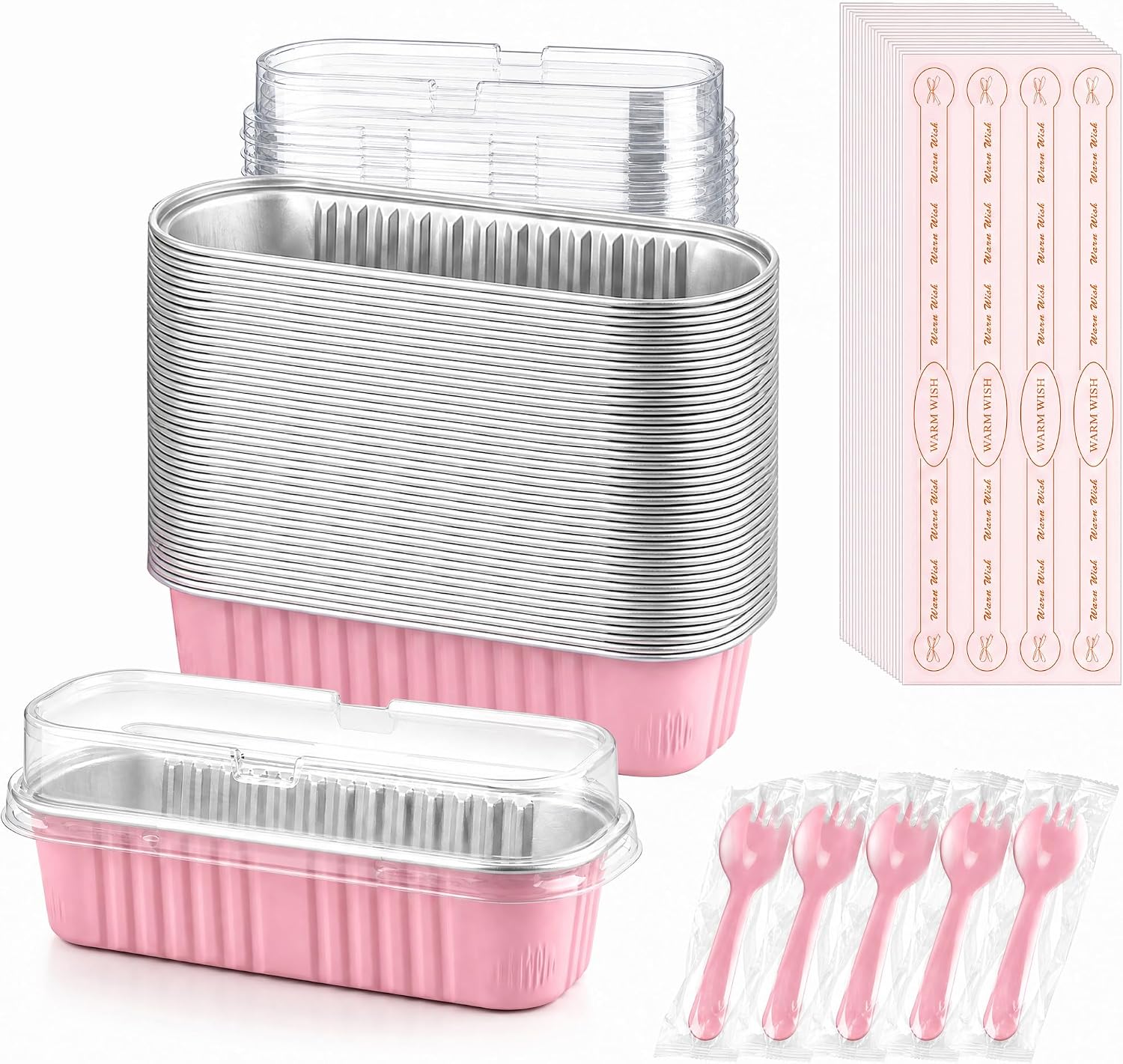 50 Pack Pink 6.8oz Mini Cake Pans with Lids, Spoons & Stickers