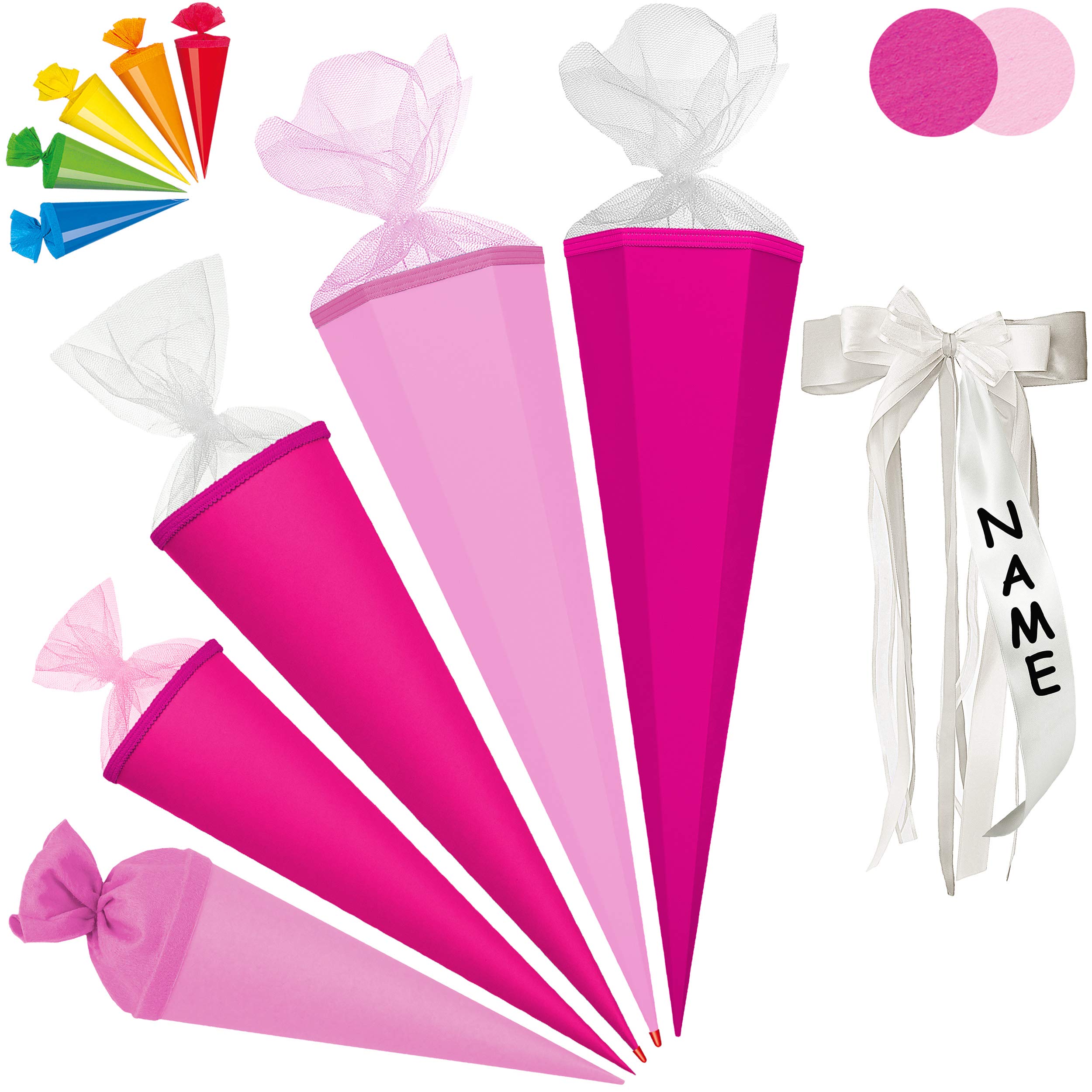 alles-meine.de GmbH Set_ Schultüte - Rohling - ROSA + 5 kleine Zuckertüten - 85 cm - mit Holzspitze - 6 eckig - incl. individueller großer Schleife - mit Namen - Tüllabschluß -..