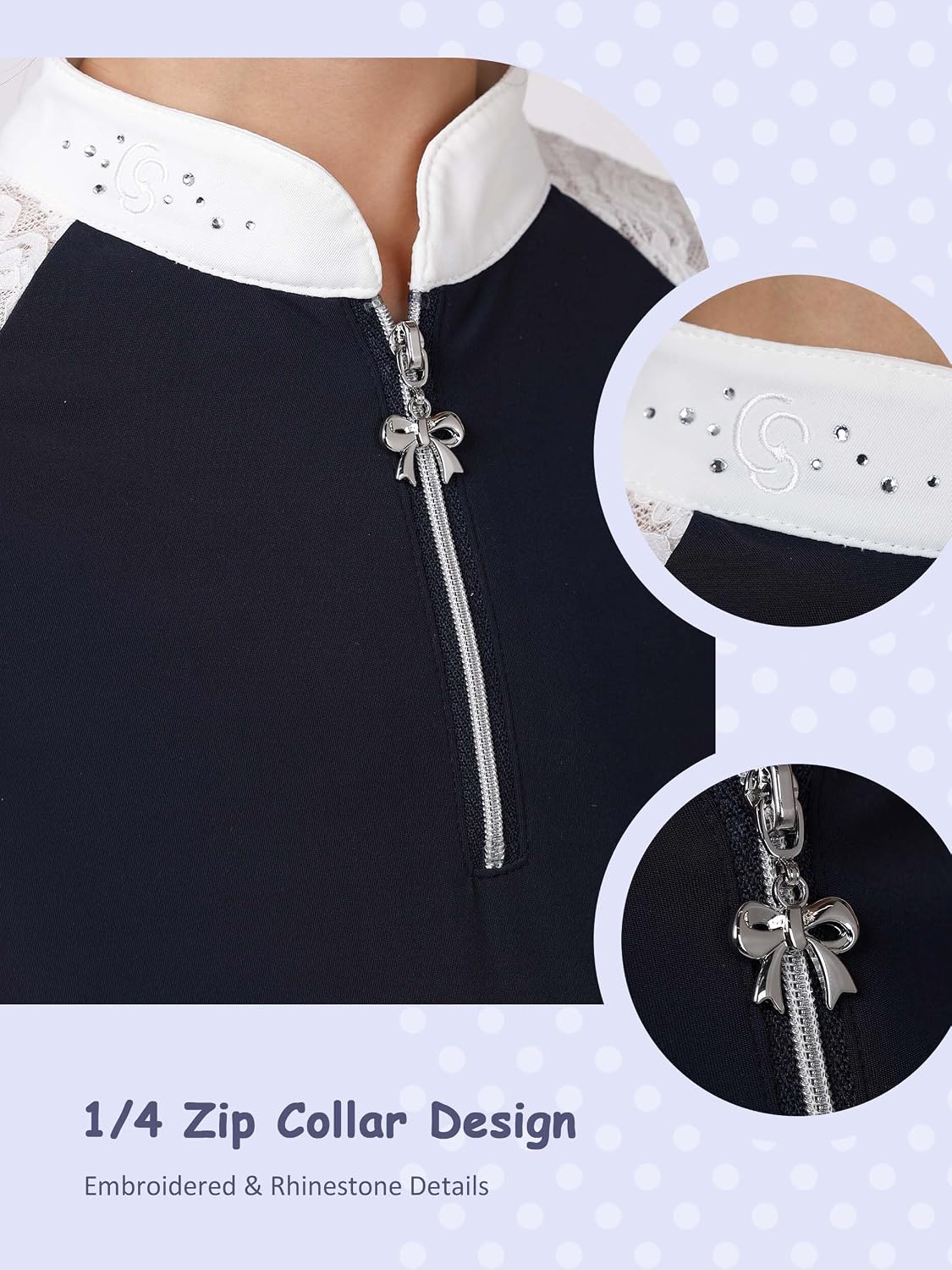 Girls Lace Long Sleeve Equestrian Shirt, Quarter Zip Youth Horse Riding Show & Training Top